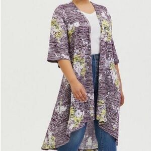 Torrid Hacci Floral HI-LO Kimono Cardigan Purple Size 2 2X Women’s plus duster
